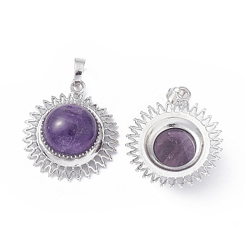 Natural Amethyst Pendants, Sun Charms, with Platinum Tone Brass Findings, Half Round, 31x27.5x12mm, Hole: 7x5mm