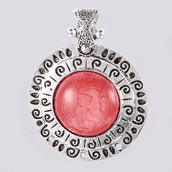 Tibetan Style Alloy Chandelier Components Links, with Resin, Flat Round, Antique Silver, Red, 79x62x10mm, Hole: 6mm