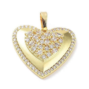 Rack Plating Brass Micro Pave Cubic Zirconia Pendants, Cadmium Free & Lead Free, Long-Lasting Plated, Heart, Real 18K Gold Plated, 20.5x22.5x5mm, Hole: 6.5x3.5mm