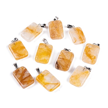 Natural Yellow Hematoid Quartz Pendants, Rectangle Charms with 201 Stainless Steel Snap on Bails, 25~26x15~16x4.5~5.5mm, Hole: 6x3mm