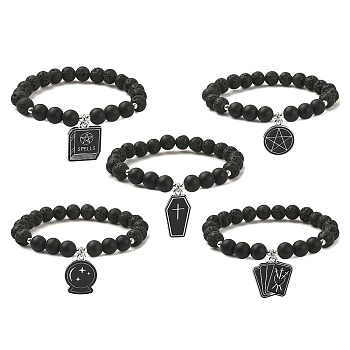 Natural Lava Rock & Black Agate Beaded Stretch Bracelet with Alloy Enamel Charms, Mixed Shapes, Inner Diameter: 2-1/8 inch(5.4cm)