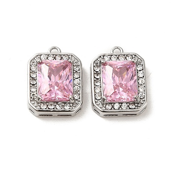 304 Stainless Steel Pendants, with Glass Rhinestone, Rectangle Charms, Pink, 16x11.5x4.5mm, Hole: 1.4mm