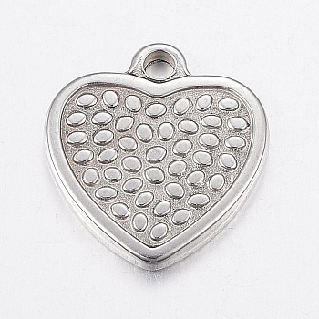 304 Stainless Steel Textured Pendants, Heart with Dot, Stainless Steel Color, 16.5x15x2mm, Hole: 2mm