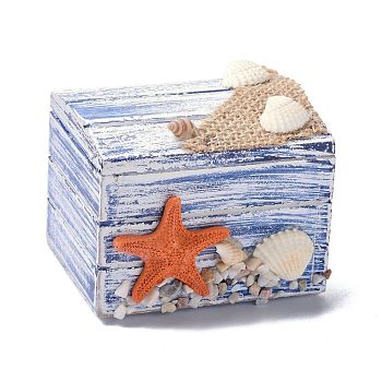 Wood Box, Flip Cover Box, with Resin Starfish, Rectangle, Coral, 6.2x7.5x6.4cm