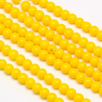 Eco-Friendly Round Baking Paint Glass Beads Strands, Cotton Cord Threaded, Yellow, 4~4.5mm, Hole: 0.7~1.1mm, about 104pcs/strand, 15 inch