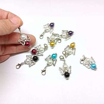 Angel Glass Pearl & Acrylic Pendant Decorations, with Alloy Lobster Claw Clasps, Mixed Color, 38mm, 10pcs/set