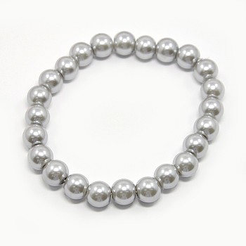 Stretchy Glass Pearl Bracelets, with Elastic Cord, Silver, 6x55mm