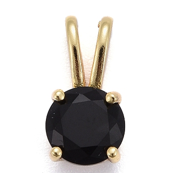 Brass Micro Pave Cubic Zirconia Pendants, Real 18K Gold Plated, Long-Lasting Plated, Flat Round, Black, 13.5x7x5mm, Hole: 6x2mm