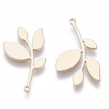 Brass Pendants, Nickel Free, Leafy Branches, Real 18K Gold Plated, 24x14x1mm, Hole: 1.2mm