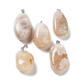 Natural Cherry Blossom Agate Pendants, Nuggets Charms with Stainless Steel Color Plated 201 Stainless Steel Snap on Bails, 29.5~37x15~18x8~12mm, Hole: 5x3mm