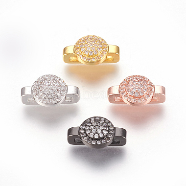 Mixed Color Clear Flat Round Brass+Cubic Zirconia Slide Charms