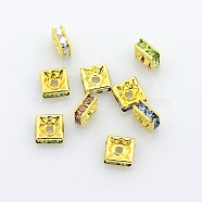 Brass Rhinestone Spacer Beads, Grade A, Square, Mixed Color, Nickel Free, Golden Metal Color, Size: about 6mmx6mmx3mm, hole: 1mm(RSB072NFG)
