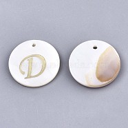 Natural Freshwater Shell Pendants, with Golden Plated Brass Etched Metal Embellishments, Flat Round with Letter, Letter.D, 15x2mm, Hole: 1.2mm(SHEL-N027-04D)