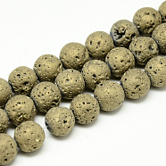 Electroplate Natural Lava Rock Beads Strands, Matte Style, Round, Light Gold Plated, 8x8.5mm, Hole: 1mm, about 48pcs/strand, 15.3 inch(G-T058-03D)