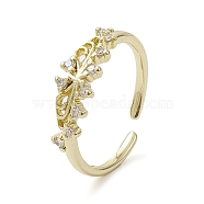 Rack Plating Brass Micro Pave Cubic Zirconia Open Cuff Ring, Flower, Real 18K Gold Plated, US Size 7 1/4(17.5mm)(RJEW-K257-04G)
