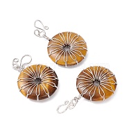 Natural Tiger Eye Big Pendants, with Platinum Plated Brass Wires Wrapped, Flat Round, 50~53.5x30~31x7.5mm, Hole: 7.55mm(G-P459-01P-H)