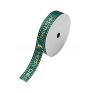 Flat Christmas Theme Polyester Grosgrain Ribbon, Hot Stamping Ribbon, Clothes Accessories, Dark Green, Merry Christmas, Word, 5/8 inch(16.5mm), about 9.84 Yards(9m)/Roll(OCOR-YWC0001-01A-03)