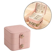 2-Tier Square PU Leather Jewelry Set Organizer Box, Portable Travel Jewelry Case for Earrings, Rings, Necklaces, Pink, 9.5x9.5x8cm(PW-WG50103-01)