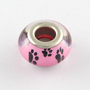 Large Hole Dog Paw Prints Pattern Resin European Beads, with Silver Color Plated Brass Double Cores, Rondelle, Hot Pink, 14x9~10mm, Hole: 5mm(OPDL-Q129-226A)