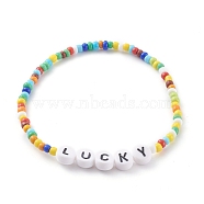 Glass Seed Beads Stretch Bracelets, with Acrylic Letter Beads, Word LUCKY, Colorful, Inner Diameter: 2-1/4 inch(5.7cm)(BJEW-JB06120-03)