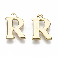 Brass Charms, Nickel Free, Letter, Real 18K Gold Plated, Letter.R, R: 14x10x1mm, Hole: 1.2mm(X-KK-N231-179R-NF)