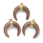 Synthetic Goldstone Pendants, with Golden Brass Findings, Double Horn/Crescent Moon, 31~33x30x10mm, Hole: 6x4mm(G-A017-14G)