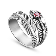 SHEGRACE Antique Feather 925 Sterling Silver Cuff Rings, Open Rings, with Red Zircon, Antique Silver, 18mm(JR149A)