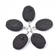 Electroplate Natural Druzy Geode Agate Pendants, with Brass Findings, Oval, Platinum, Black, 22.5x13.5x6.5mm, Hole: 4.5x4mm(G-S344-60A-01)