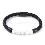 Round Natural Howlite Bead Bracelets, Braided Leather Cord Bracelets with Black Tone 304 Stainless Steel Magnetic Clasps, for Men Women, 8 inch(20.3cm), 6~10mm(BJEW-A009-08EB-02)
