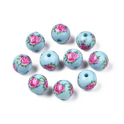 Opaque Printed Acrylic Beads, Round with Flower Pattern, Light Cyan, 9x9.5mm, Hole: 1.8mm(MACR-T043-02C-01)