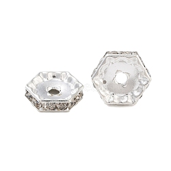 Rack Plating Brass Rhinestone Spacer Beads, Cadmium Free & Lead Free, Long-Lasting Plated, Hexagon, Platinum, 13x14.5x3.5mm, Hole: 2.5mm(KK-S379-13P)