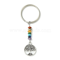 Alloy Tree of Life Pendant Keychain, with Chakra Gemstone Bead and Iron Split Key Rings, Flat Round, 6.7cm, Pendant: 18x15x1.5mm(KEYC-JKC00591-05)