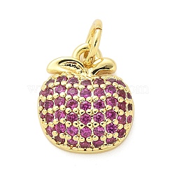 Brass Micro Pave Cubic Zirconia Pendants, Fruits, Rack Plating, Long-Lasting Plated, Lead Free & Cadmium Free, with Jump Ring, Real 18K Gold Plated, Apple, 12.5x10.5x3.5mm, Hole: 3mm(KK-S511-03F-G)