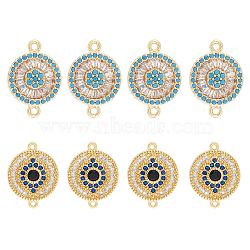 DICOSMETIC 8Pcs 2 Styles Brass Pave Clear & Deep Sky Blue Cubic Zirconia Connector Charms, Flat Round Links, Real 18K Gold Plated, 13~13.5x17~20x2.5~4mm, Hole: 1.4mm, 4pcs/style(KK-DC0003-42)