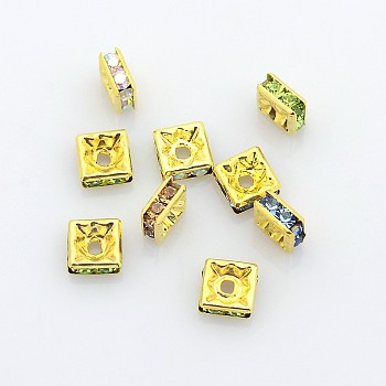 Brass Rhinestone Spacer Beads, Grade A, Square, Mixed Color, Nickel Free, Golden Metal Color, Size: about 6mmx6mmx3mm, hole: 1mm