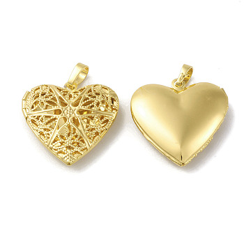 Rack Plating Brass Locket Pendants, Heart Charm, Cadmium Free & Lead Free, Long-Lasting Plated, Real 18K Gold Plated, 26.5x25.5x7mm, Hole: 4.5x7mm