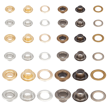 240Sets 12 Styles Brass Grommet Eyelet Findings, for Bag Making, Flat Round, Mixed Color, 0.85~1.5x0.04~0.075cm, Inner Diameter: 0.5~0.9cm, 20sets/style