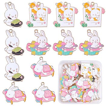 20Pcs 4 Style Cartoon Alloy Enamel Pendants, Light Gold, Rabbit Charms, Colorful, 27~31x21.5~28x1.5mm, Hole: 2mm, 5pcs/style