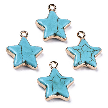 Star Synthetic Turquoise Pendants, with Light Gold Plated Brass Edge and Loop, Dyed, 24x20x5.5mm, Hole: 2mm