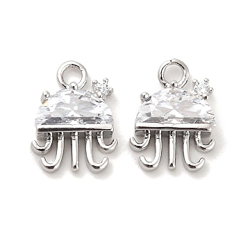 Brass Glass Charms, Jellyfishh, Real Platinum Plated, 11.5x8.5x3mm, Hole: 1.6mm