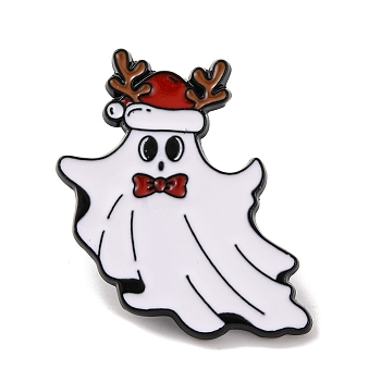 Christmas Theme Ghost with Deer Hat Enamel Pins, Alloy Brooches for Backpack Clothes, Red, 30x26x2mm