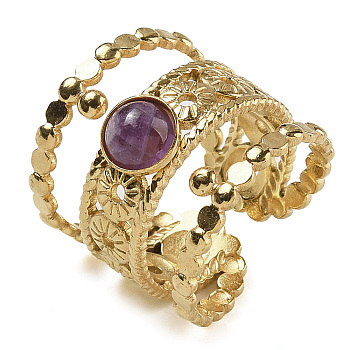 Natural Amethyst Finger Rings, 304 Stainless Steel Multi-layer Open Cuff Rings, Real 18K Gold Plated, 19.5mm, Adjustable