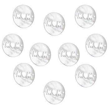 Nbeads 10Pcs Natural White Shell Connector Charms, Flat Round with Hollow Word Mom, for Mother's Day, 16x1.8mm, Hole: 1mm