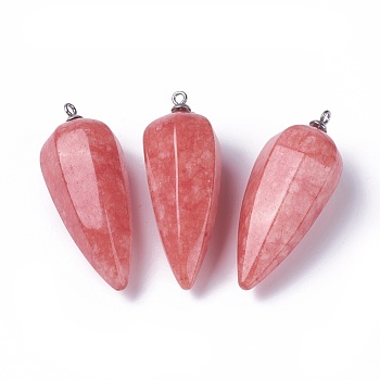 Natural White Jade Pointed Pendants, with Stainless Steel Findings, Cone, Dyed, Stainless Steel Color, 50~53x19~21mm, Hole: 2mm
