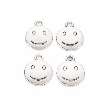 Tibetan Style Alloy Pendants, Cadmium Free & Lead Free, Flat Round with Smiling Face, Antique Silver, 20x16x3mm, Hole: 1.8mm, about 645pcs/1000g