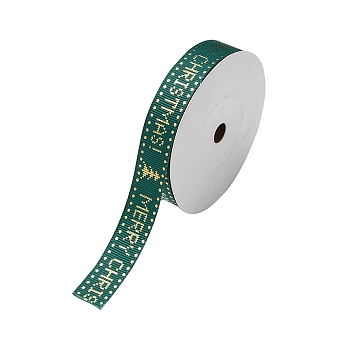 Flat Christmas Theme Polyester Grosgrain Ribbon, Hot Stamping Ribbon, Clothes Accessories, Dark Green, Merry Christmas, Word, 5/8 inch(16.5mm), about 9.84 Yards(9m)/Roll