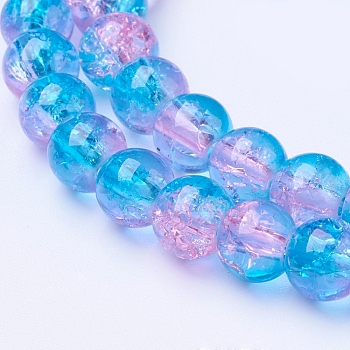 1Strand Two Tone Transparent Crackle Glass Round Beads Strands, Dodger Blue, 6mm, Hole: 1.3~1.6mm, about 133pcs/strand, 31.4 inch