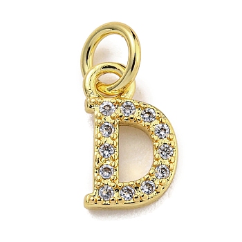 Initial Letter Brass with Cubic Zirconia Charms, Real 18K Gold Plated, Long-Lasting Plated, Lead Free & Cadmium Free, Letter D, 10x6x1.5mm, ring: 5x1mm, inner diameter: 3mm