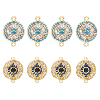 8Pcs 2 Styles Brass Pave Clear & Deep Sky Blue Cubic Zirconia Connector Charms, Flat Round Links, Real 18K Gold Plated, 13~13.5x17~20x2.5~4mm, Hole: 1.4mm, 4pcs/style