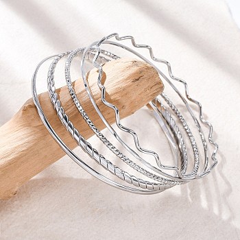 5Pcs 304 Stainless Steel Bangle Set for Women, Stainless Steel Color, 1~6mm, Inner Diameter: 2-1/2 inch(6.4~6.55cm)